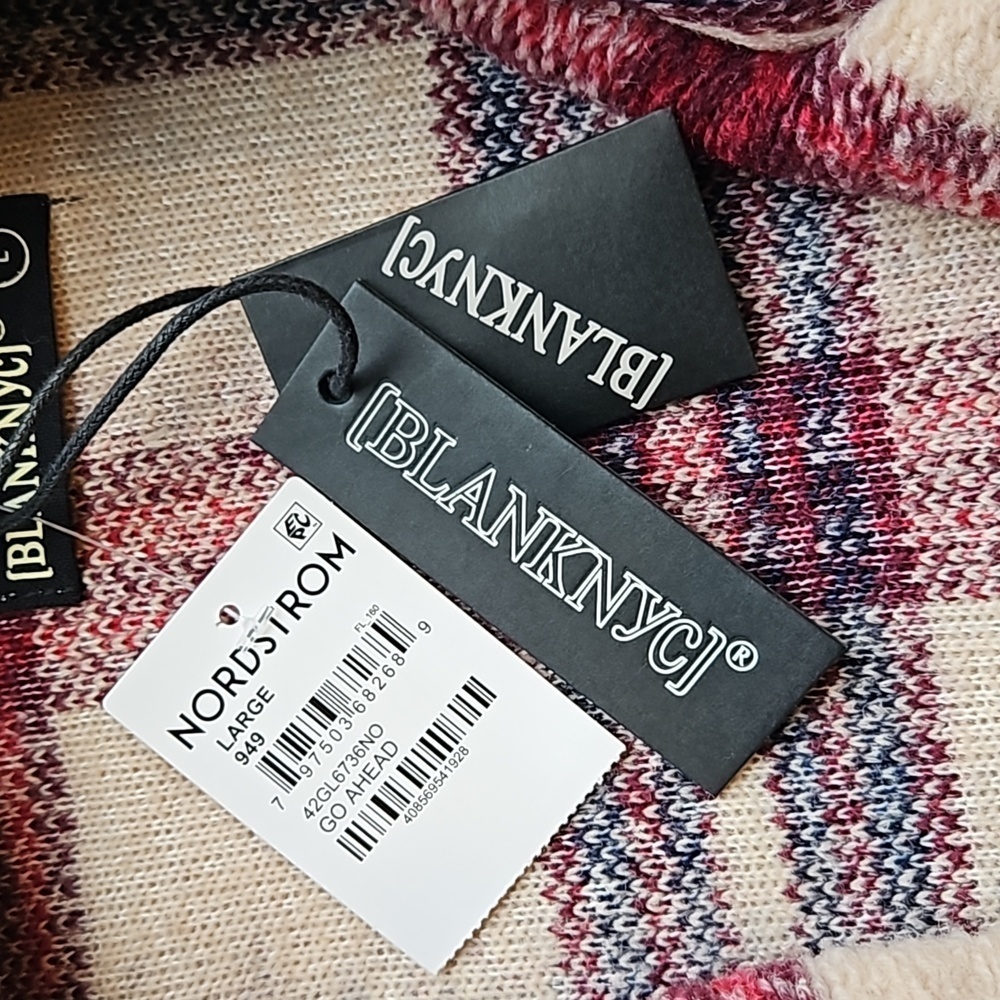 Blank NYC Cream Maroon Wool Oversized Go Ahead Plaid Longline Teddy Jacket L NWT - Picture 6 of 11
